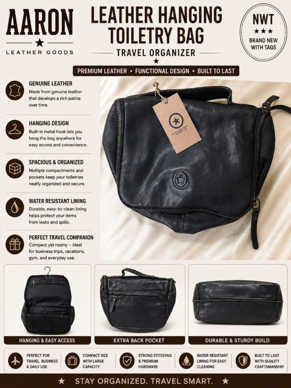 NWT Aaron Leather Goods Leather Hanging Toiletry Bag Travel Organizer Dopp Kit